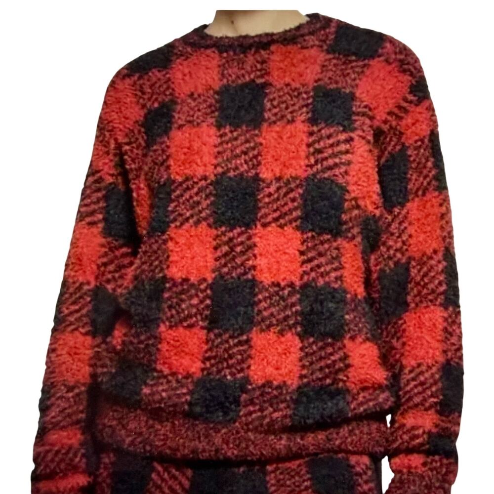 SKIMS Cozy Knit Red Black Plaid Fuzzy Crewneck Pullover Buffalo Check